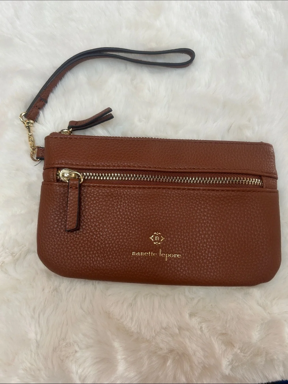 Nanette Lepore Brown Pebbled Leather Wristlet Clutch with Gold Hardware